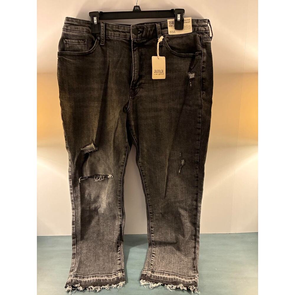 A.N.A.‎ Jeans Womens 16W Black High Rise Straight Leg Distressed Raw Hem